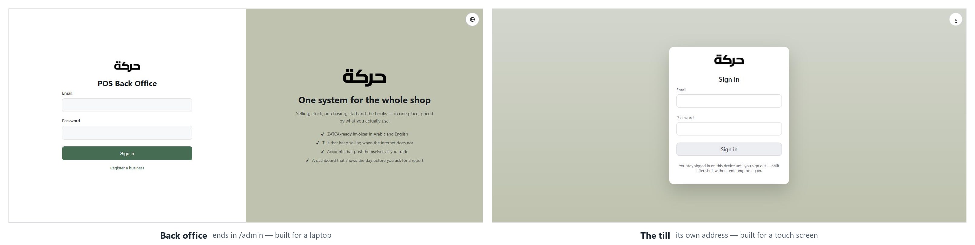 The back office sign-in page and the till sign-in page side by side, each labelled with what it is for