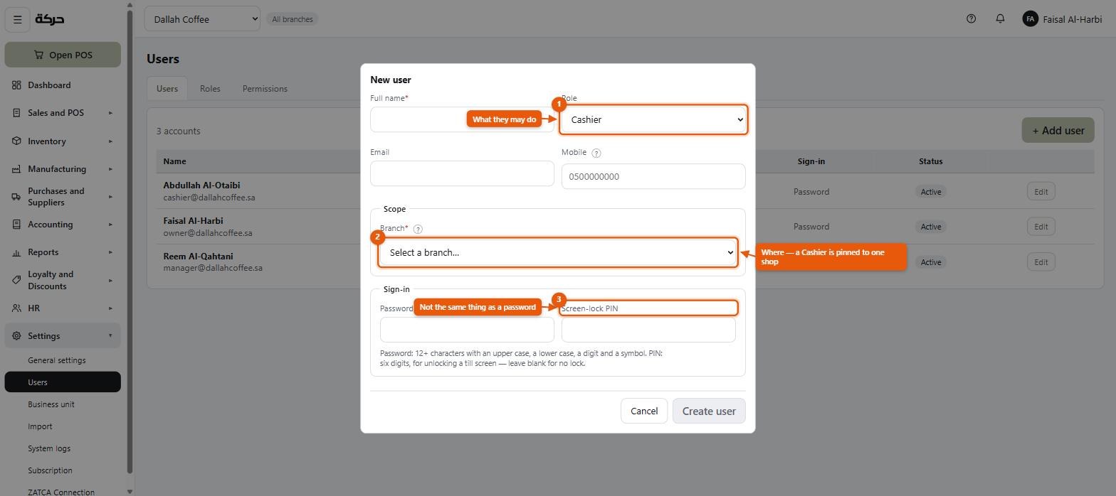 The Add user dialog with role, scope and the two credential fields marked