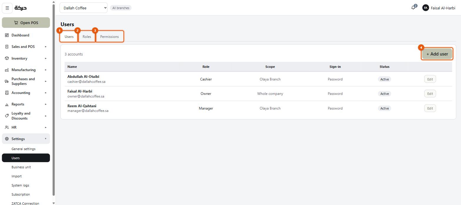 The Users screen with its three tabs marked