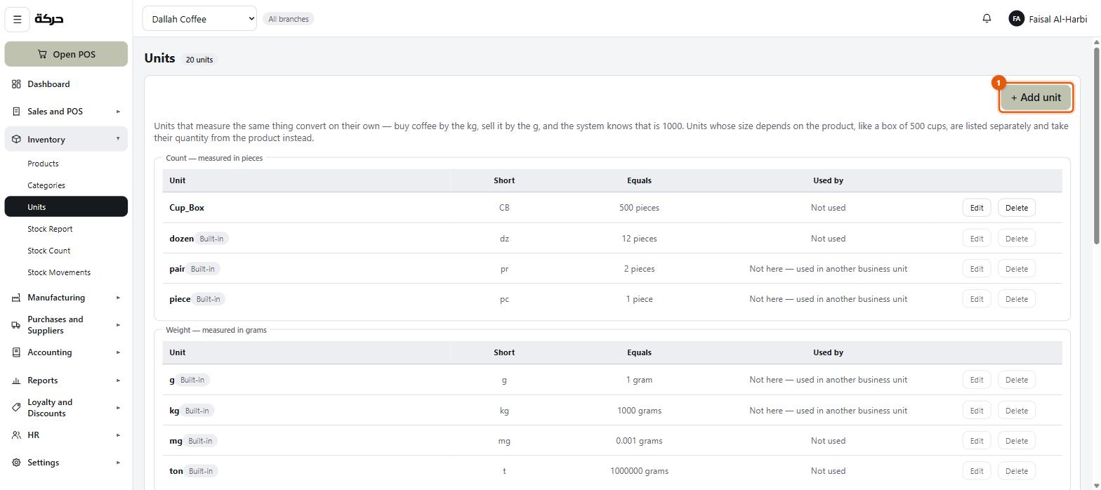 The Units screen listing the built-in units grouped by what they measure