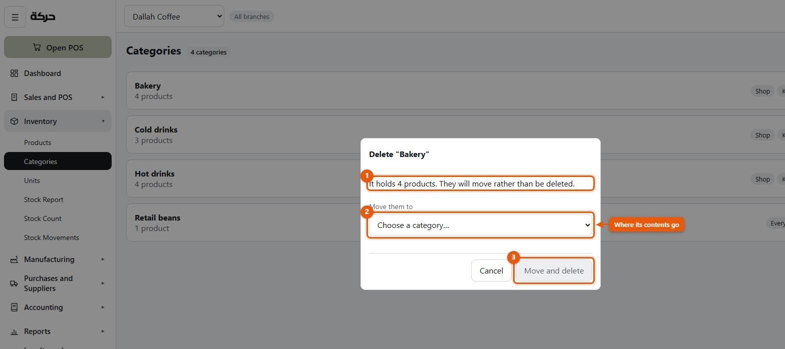 The delete dialog showing what the category holds and where its contents will move