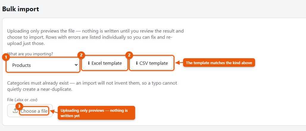 The Bulk import screen with the kind selector, the template download and the file field marked