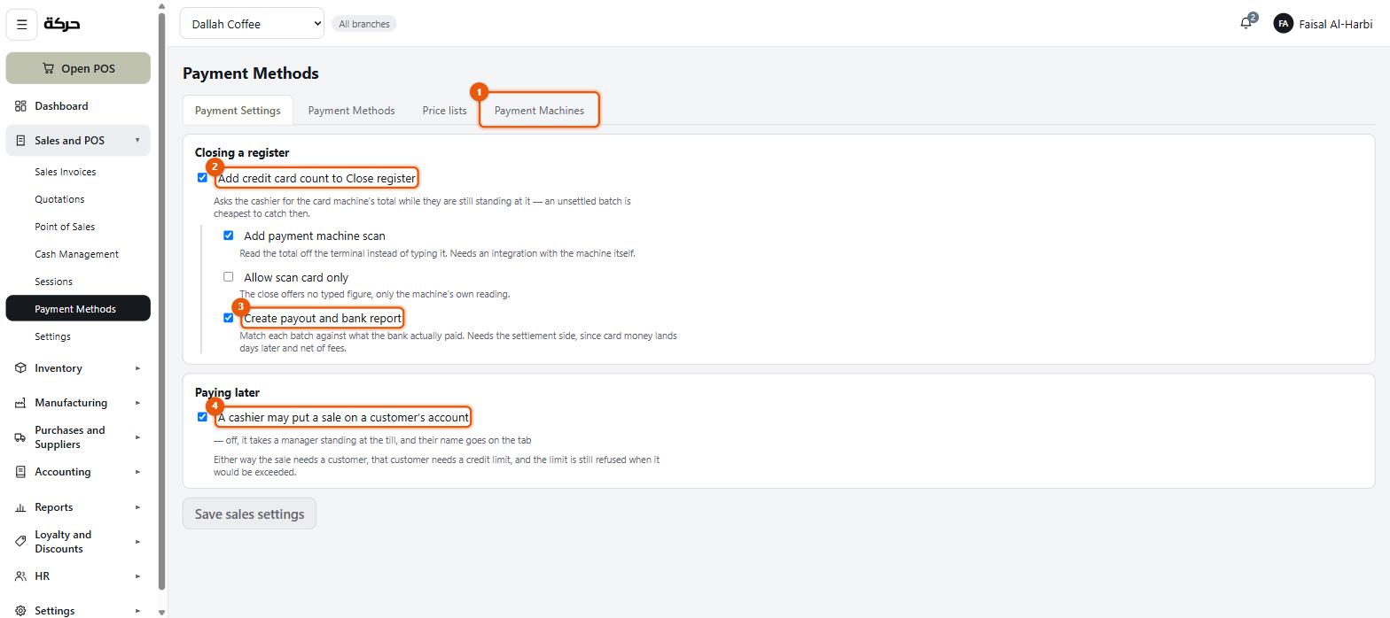 The payment settings tab with its four switches marked