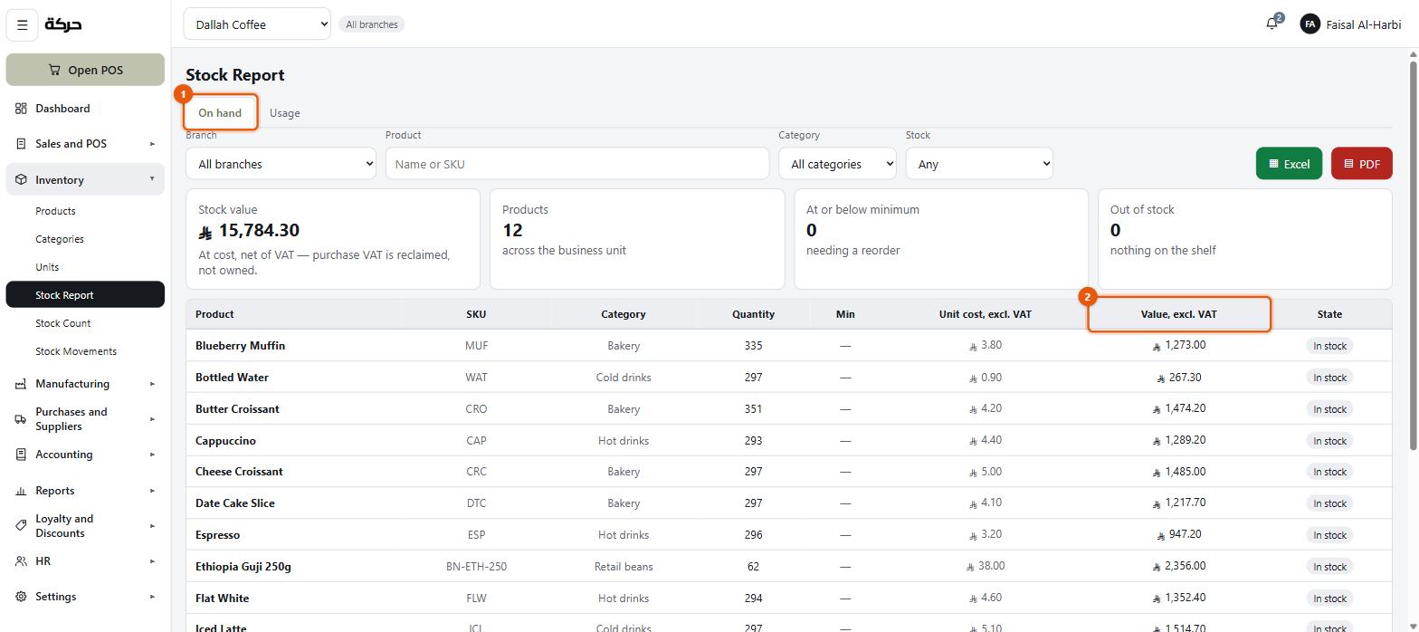 The stock report with the branch filter, on-hand column and the total value marked