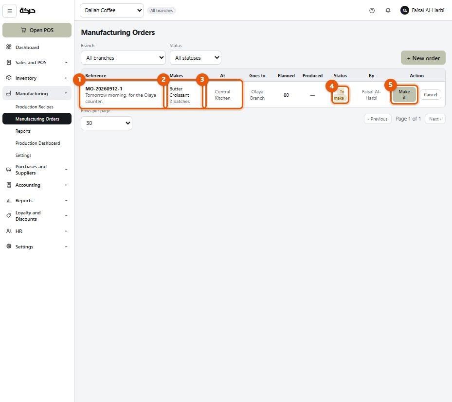The new order form with recipe, quantity, make-at and destination fields marked