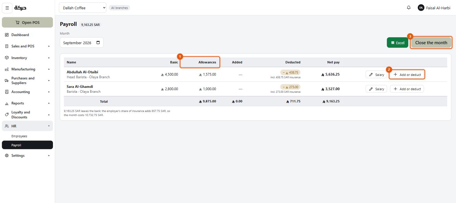 The payroll screen for a month, with the employee rows, additions, deductions and net columns marked