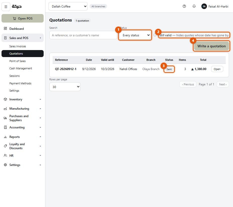 The quotations list with the status filter and the validity toggle marked