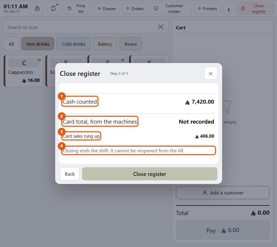 The close register steps showing the cash count, card total and review