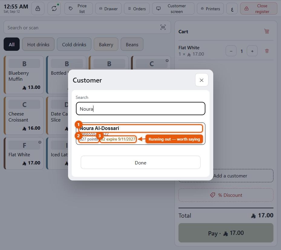 The customer picker with a search result showing the phone, the points balance and when the next points expire