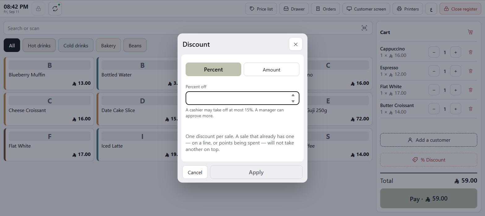 The discount sheet with Percent and Amount, the typed value, the Comes off figure and the ceiling note marked