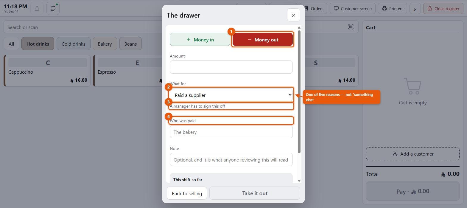 An earlier version of the drawer sheet, showing money in and money out and this shift's movements so far