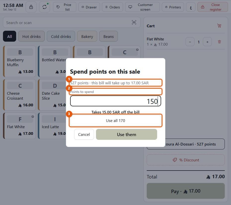 The redeem points sheet showing the balance held, what the bill will take, and the amount it takes off
