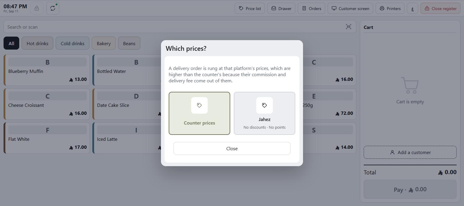 The price list chooser showing Counter prices and a platform list, with the No discounts and No points chips marked