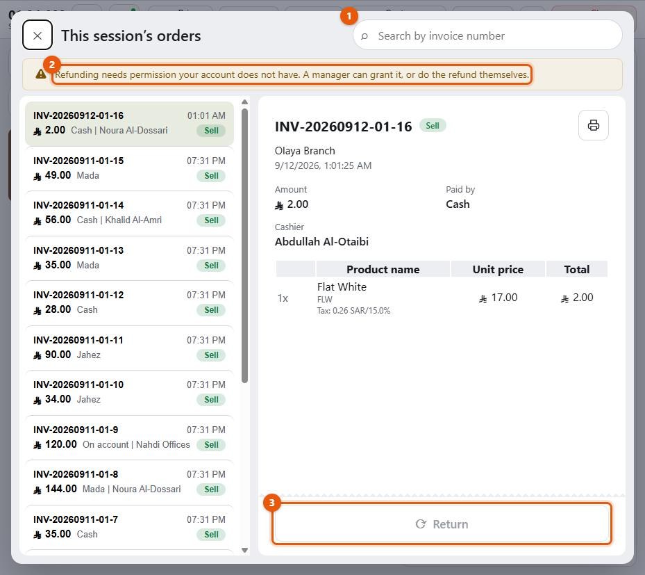 The orders screen with a sale selected and the Return control greyed out, above a banner saying refunding needs a permission this account lacks