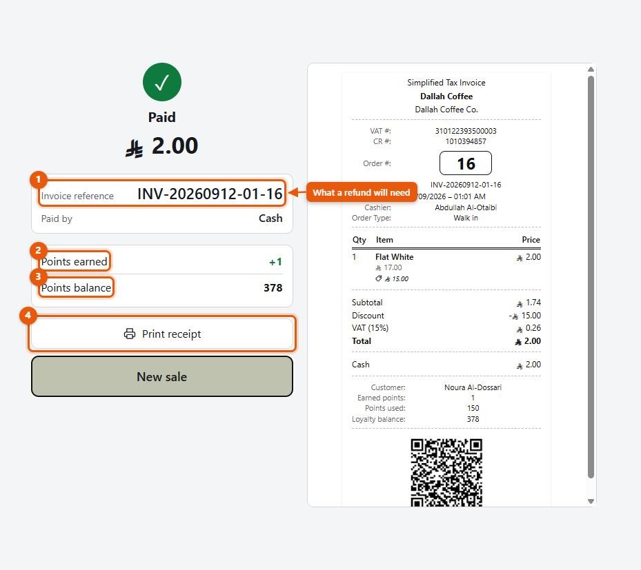 The sale complete screen showing what was paid, the invoice reference, points earned and the print controls
