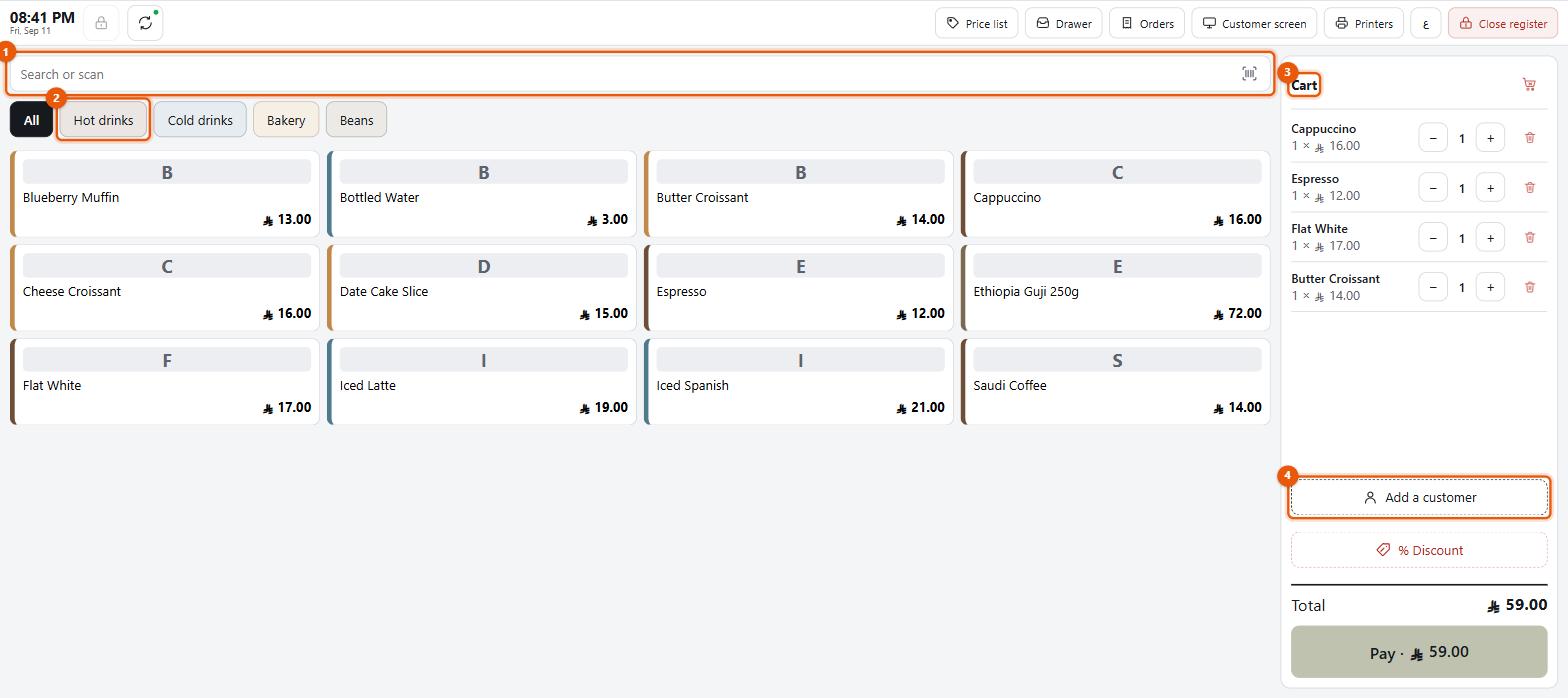 The selling screen with the search box, category tabs, product grid and cart marked